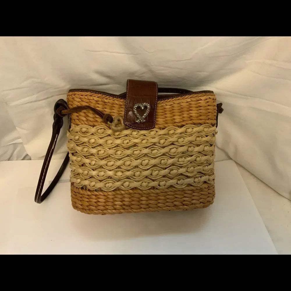 BRIGHTON Woven Rope Basket Shoulder Bag Purse Brown Leather Flower Lining